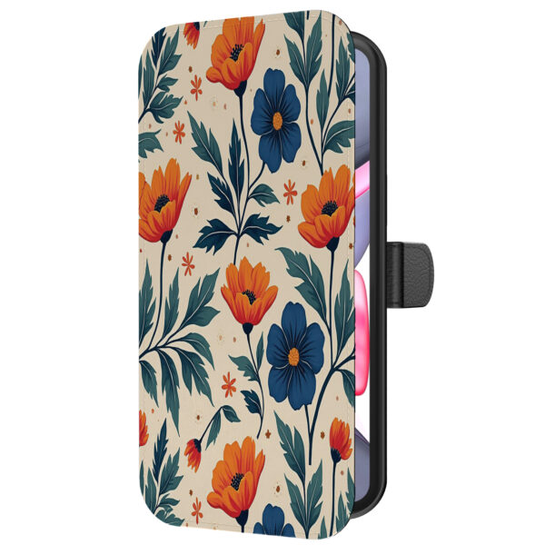 Leren bookcase hoesje iPhone 11 met blauwe en rode opdruk en pasjeshouder (5)