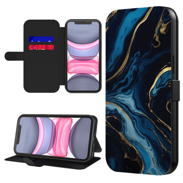 Leren bookcase hoesje iPhone 11 met goud blauw marmer opdruk en pasjeshouder (1)