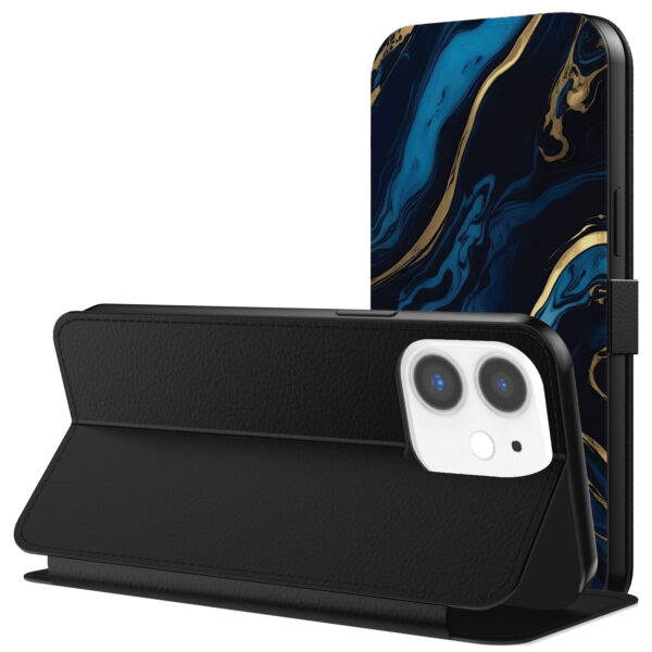 Leren bookcase hoesje iPhone 11 met goud blauw marmer opdruk en pasjeshouder (3)