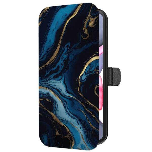 Leren bookcase hoesje iPhone 11 met goud blauw marmer opdruk en pasjeshouder (5)