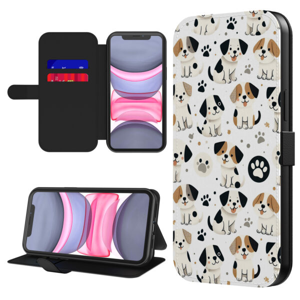 Leren bookcase hoesje iPhone 11 met honden en pootjes opdruk en pasjeshouder (1)