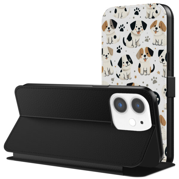 Leren bookcase hoesje iPhone 11 met honden en pootjes opdruk en pasjeshouder (3)