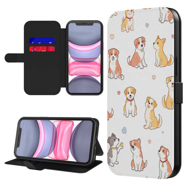 Leren bookcase hoesje iPhone 11 met honden opdruk en pasjeshouder (1)