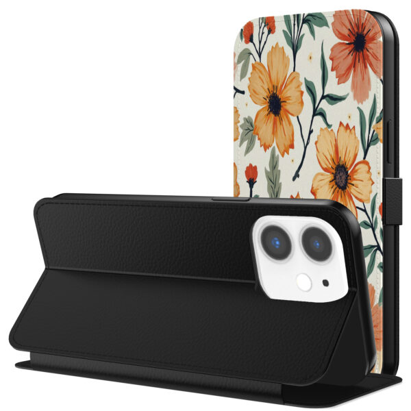 Leren bookcase hoesje iPhone 11 met oranje en rode opdruk en pasjeshouder (3)