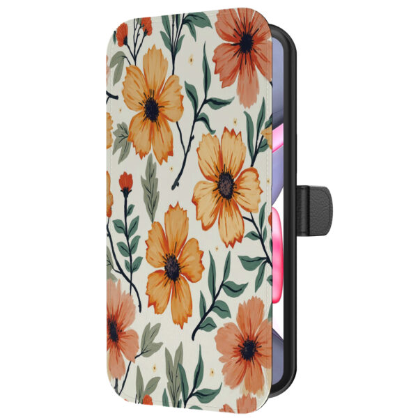 Leren bookcase hoesje iPhone 11 met oranje en rode opdruk en pasjeshouder (5)