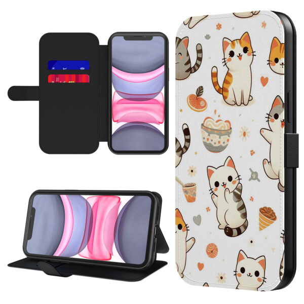 Leren bookcase hoesje iPhone 11 met poezen opdruk en pasjeshouder (1)