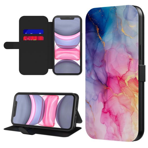 Leren bookcase hoesje iPhone 11 met regenboog marmer opdruk en pasjeshouder (1)