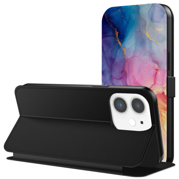 Leren bookcase hoesje iPhone 11 met regenboog marmer opdruk en pasjeshouder (3)
