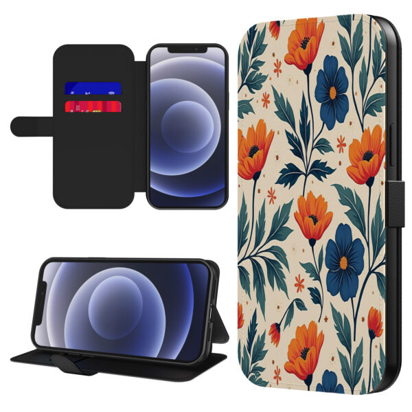 Leren bookcase hoesje iPhone 12 Mini met blauwe en rode bloemen opdruk en pasjeshouder (1)