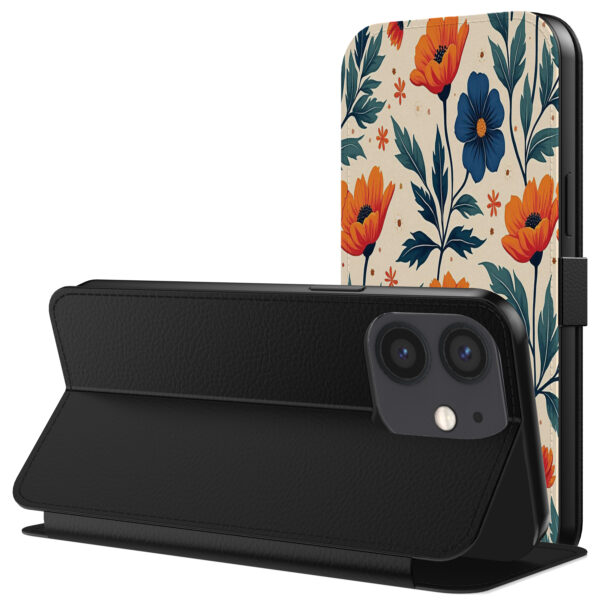Leren bookcase hoesje iPhone 12 Mini met blauwe en rode bloemen opdruk en pasjeshouder (3)