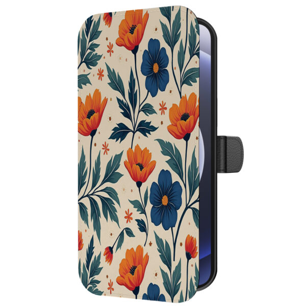 Leren bookcase hoesje iPhone 12 Mini met blauwe en rode bloemen opdruk en pasjeshouder (5)