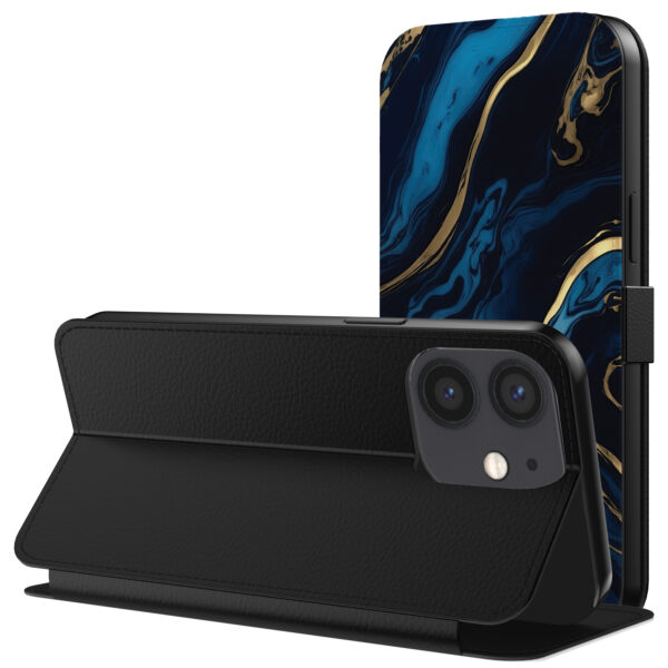 Leren bookcase hoesje iPhone 12 Mini met goud blauw marmer opdruk en pasjeshouder (3)