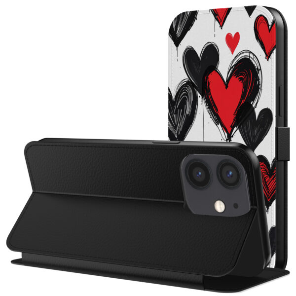 Leren bookcase hoesje iPhone 12 Mini met hartjes opdruk en pasjeshouder (3)