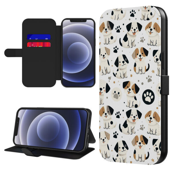 Leren bookcase hoesje iPhone 12 Mini met honden en pootjes opdruk en pasjeshouder (1)