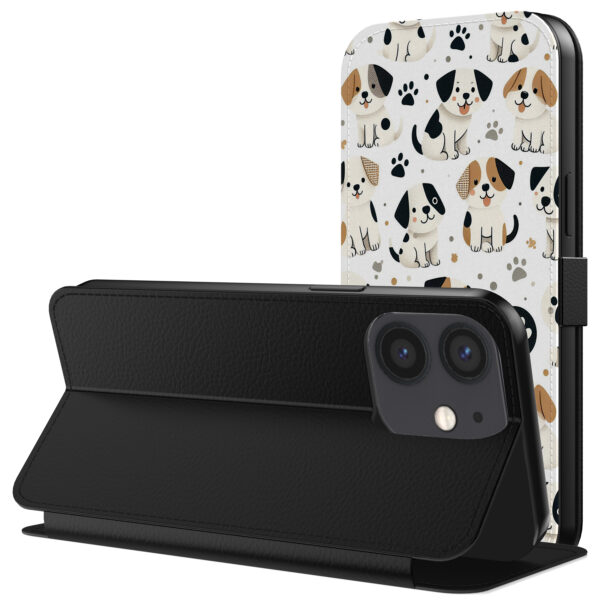 Leren bookcase hoesje iPhone 12 Mini met honden en pootjes opdruk en pasjeshouder (3)
