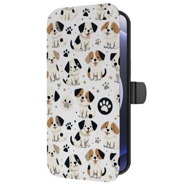 Leren bookcase hoesje iPhone 12 Mini met honden en pootjes opdruk en pasjeshouder (5)