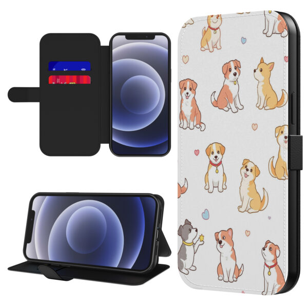 Leren bookcase hoesje iPhone 12 Mini met honden opdruk en pasjeshouder (1)