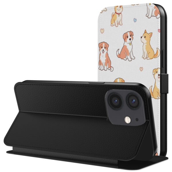 Leren bookcase hoesje iPhone 12 Mini met honden opdruk en pasjeshouder (3)