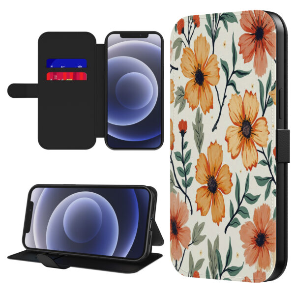 Leren bookcase hoesje iPhone 12 Mini met oranje en rode bloemen opdruk en pasjeshouder (1)