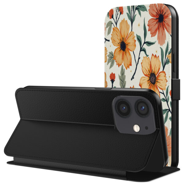 Leren bookcase hoesje iPhone 12 Mini met oranje en rode bloemen opdruk en pasjeshouder (3)