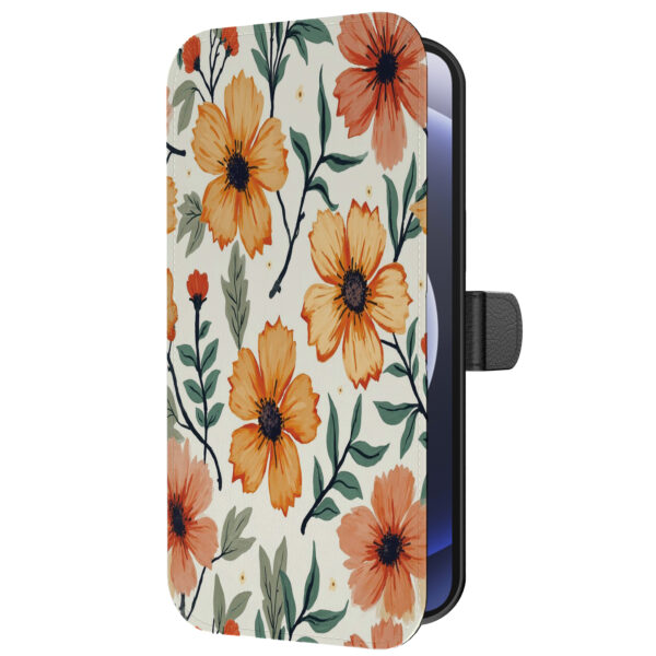 Leren bookcase hoesje iPhone 12 Mini met oranje en rode bloemen opdruk en pasjeshouder (5)