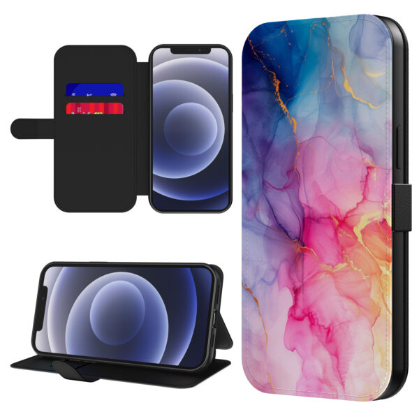 Leren bookcase hoesje iPhone 12 Mini met regenboog marmer opdruk en pasjeshouder (1)