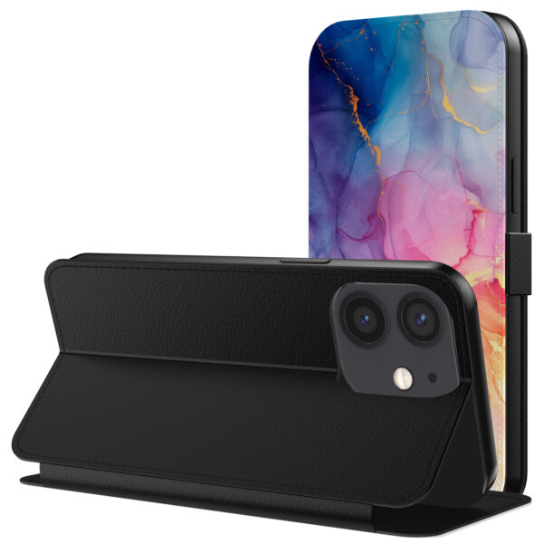 Leren bookcase hoesje iPhone 12 Mini met regenboog marmer opdruk en pasjeshouder (3)