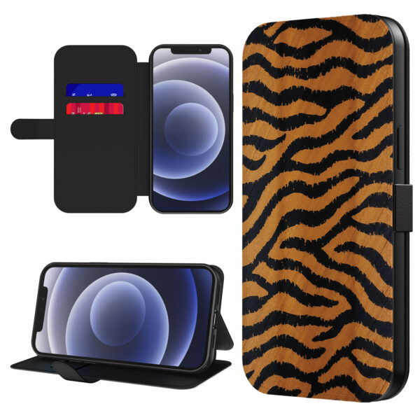 Leren bookcase hoesje iPhone 12 Mini met tijger opdruk en pasjeshouder (1)