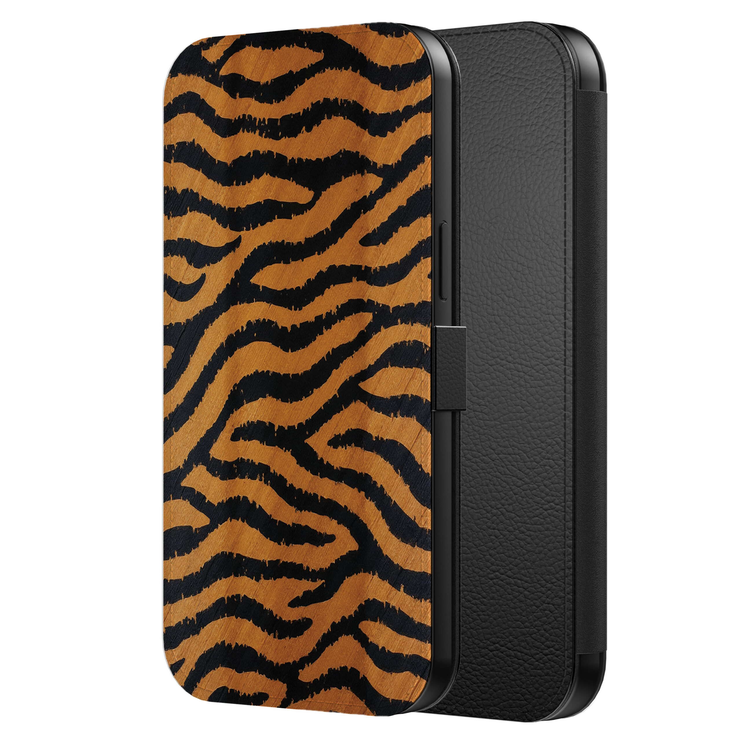 Leren bookcase hoesje iPhone 12 Mini met tijger opdruk en pasjeshouder (2)