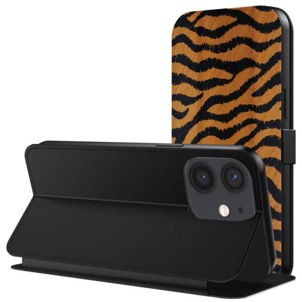 Leren bookcase hoesje iPhone 12 Mini met tijger opdruk en pasjeshouder (3)