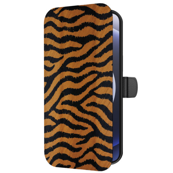 Leren bookcase hoesje iPhone 12 Mini met tijger opdruk en pasjeshouder (5)