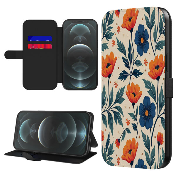 Leren bookcase hoesje iPhone 12 Pro met blauwe en rode bloemen opdruk en pasjeshouder (1)