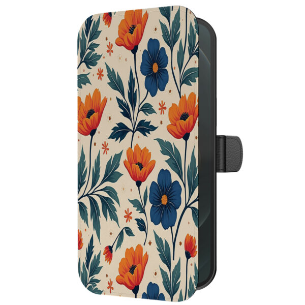 Leren bookcase hoesje iPhone 12 Pro met blauwe en rode bloemen opdruk en pasjeshouder (5)