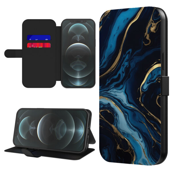 Leren bookcase hoesje iPhone 12 Pro met goud blauw marmer opdruk en pasjeshouder (1)