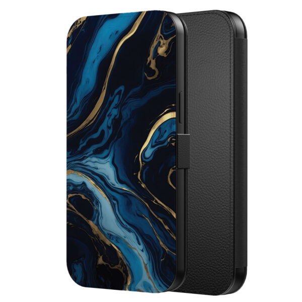 Leren bookcase hoesje iPhone 12 Pro met goud blauw marmer opdruk en pasjeshouder (2)