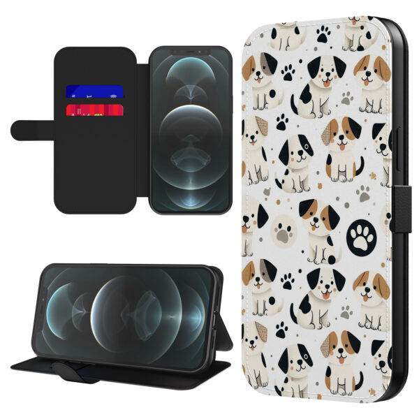 Leren bookcase hoesje iPhone 12 Pro met honden en pootjes opdruk en pasjeshouder (1)
