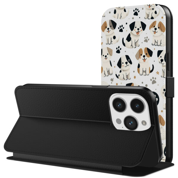 Leren bookcase hoesje iPhone 12 Pro met honden en pootjes opdruk en pasjeshouder (3)