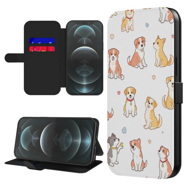 Leren bookcase hoesje iPhone 12 Pro met honden opdruk en pasjeshouder (1)