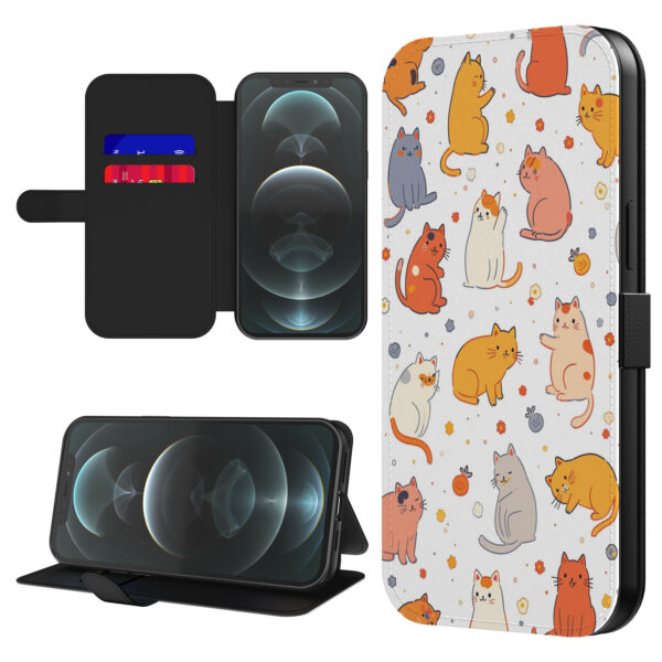 Leren bookcase hoesje iPhone 12 Pro met katten opdruk en pasjeshouder (1)