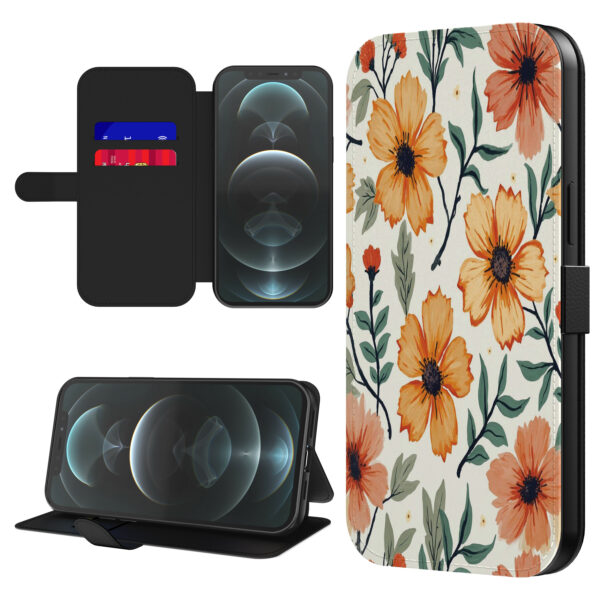 Leren bookcase hoesje iPhone 12 Pro met oranje en rode bloemen opdruk en pasjeshouder (1)