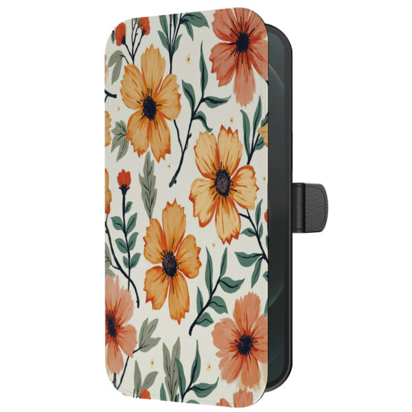 Leren bookcase hoesje iPhone 12 Pro met oranje en rode bloemen opdruk en pasjeshouder (5)