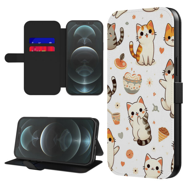 Leren bookcase hoesje iPhone 12 Pro met poezen opdruk en pasjeshouder (1)