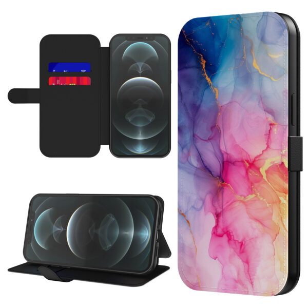 Leren bookcase hoesje iPhone 12 Pro met regenboog marmer opdruk en pasjeshouder (1)