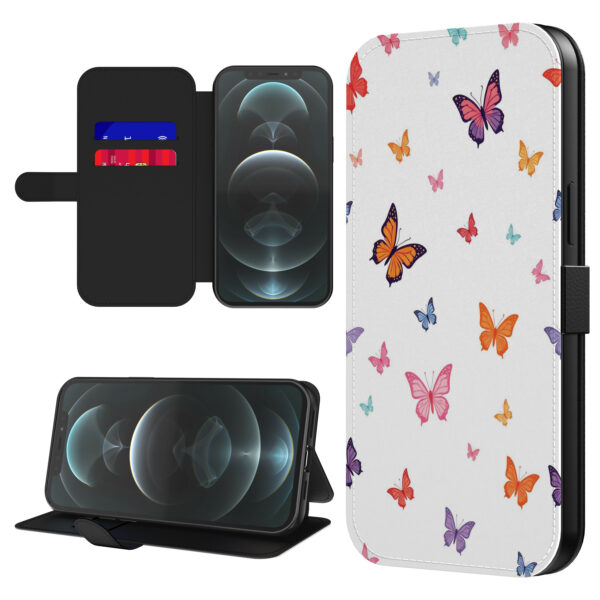 Leren bookcase hoesje iPhone 12 Pro met vlinder opdruk en pasjeshouder (1)