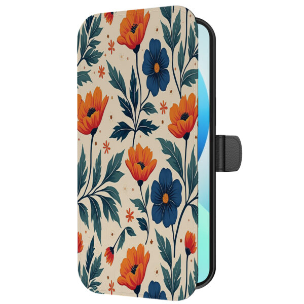 Leren bookcase hoesje iPhone 13 Mini met blauwe en rode bloemen opdruk en pasjeshouder (5)
