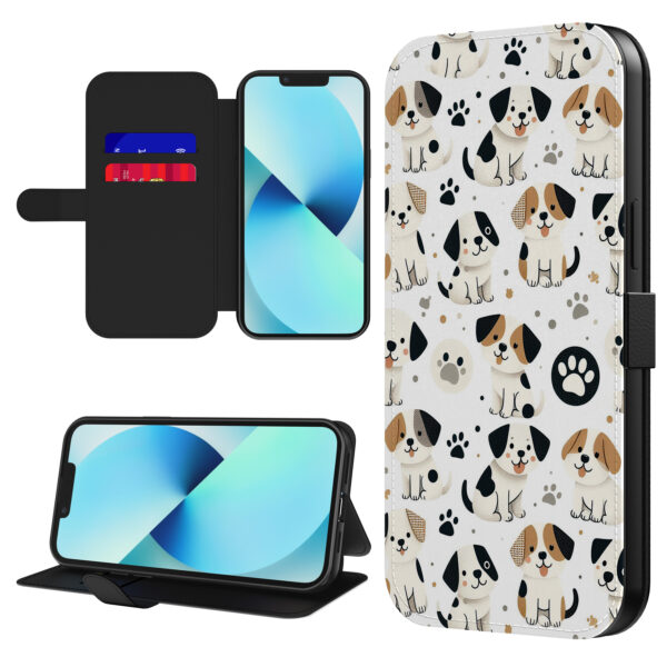 Leren bookcase hoesje iPhone 13 Mini met honden en pootjes opdruk en pasjeshouder (1)