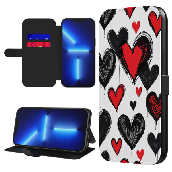 Leren bookcase hoesje iPhone 13 Pro Max met hartjes opdruk en pasjeshouder (1)