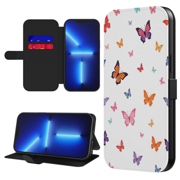 Leren bookcase hoesje iPhone 13 Pro Max met vlinder opdruk en pasjeshouder (1)
