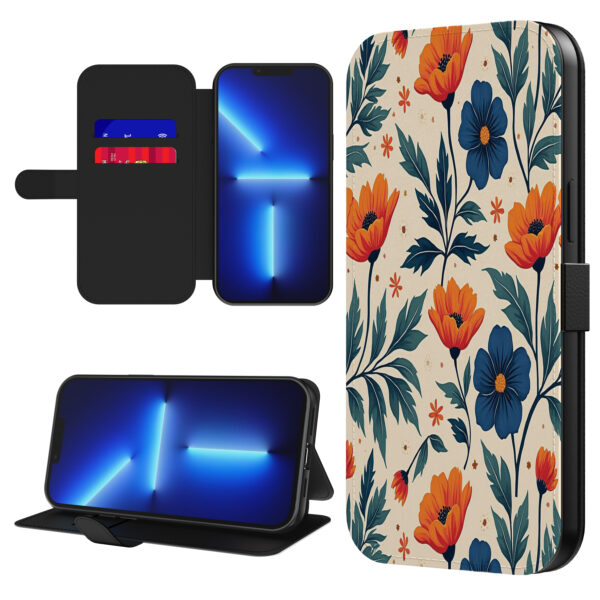 Leren bookcase hoesje iPhone 13 Pro met blauwe en rode bloemen opdruk en pasjeshouder (1)