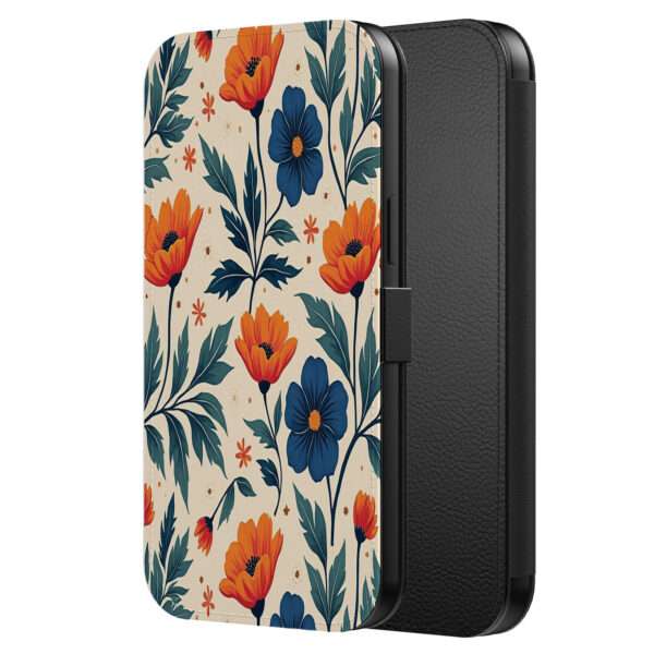 Leren bookcase hoesje iPhone 13 Pro met blauwe en rode bloemen opdruk en pasjeshouder (2)